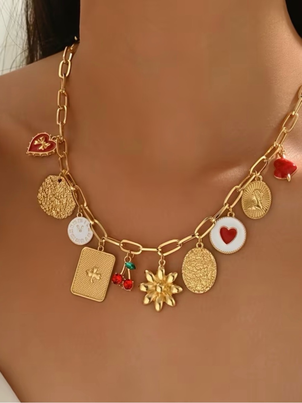 Gold Charm Link Necklace with Red and White Accents